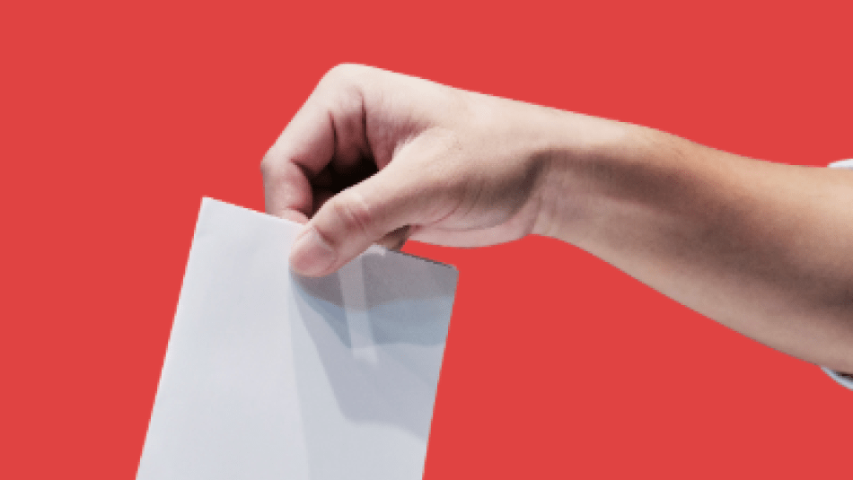 Call for Nominations red background with hand inserting nomination form into slot
